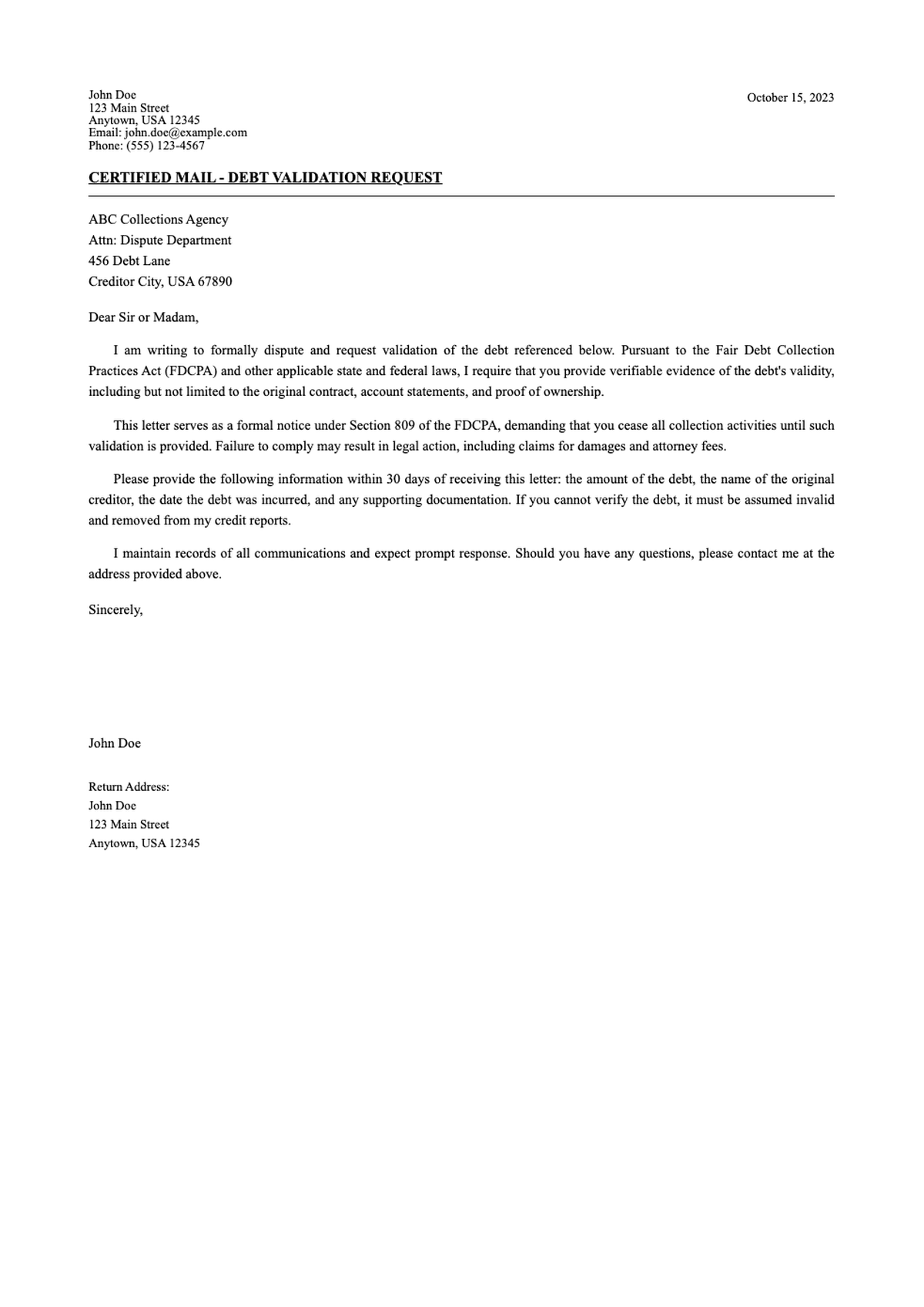 Certified mail return receipt debt dispute letter under Fair Credit Reporting Act_variant_1